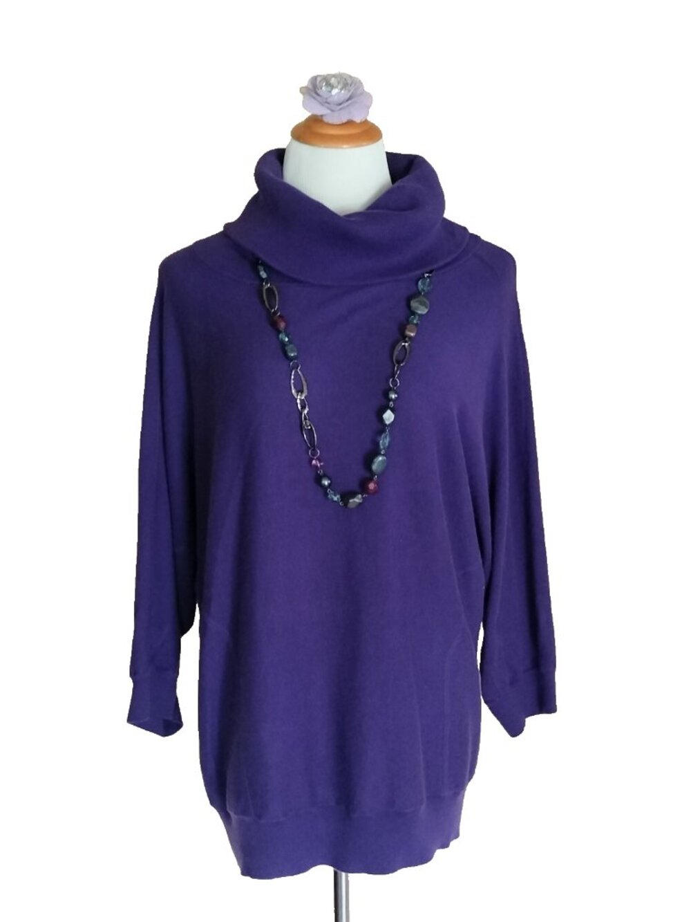 Chico's Turtleneck Sweater 2 Lg Purple Dolman 3/4 Sleeves Flat Seaming Detail